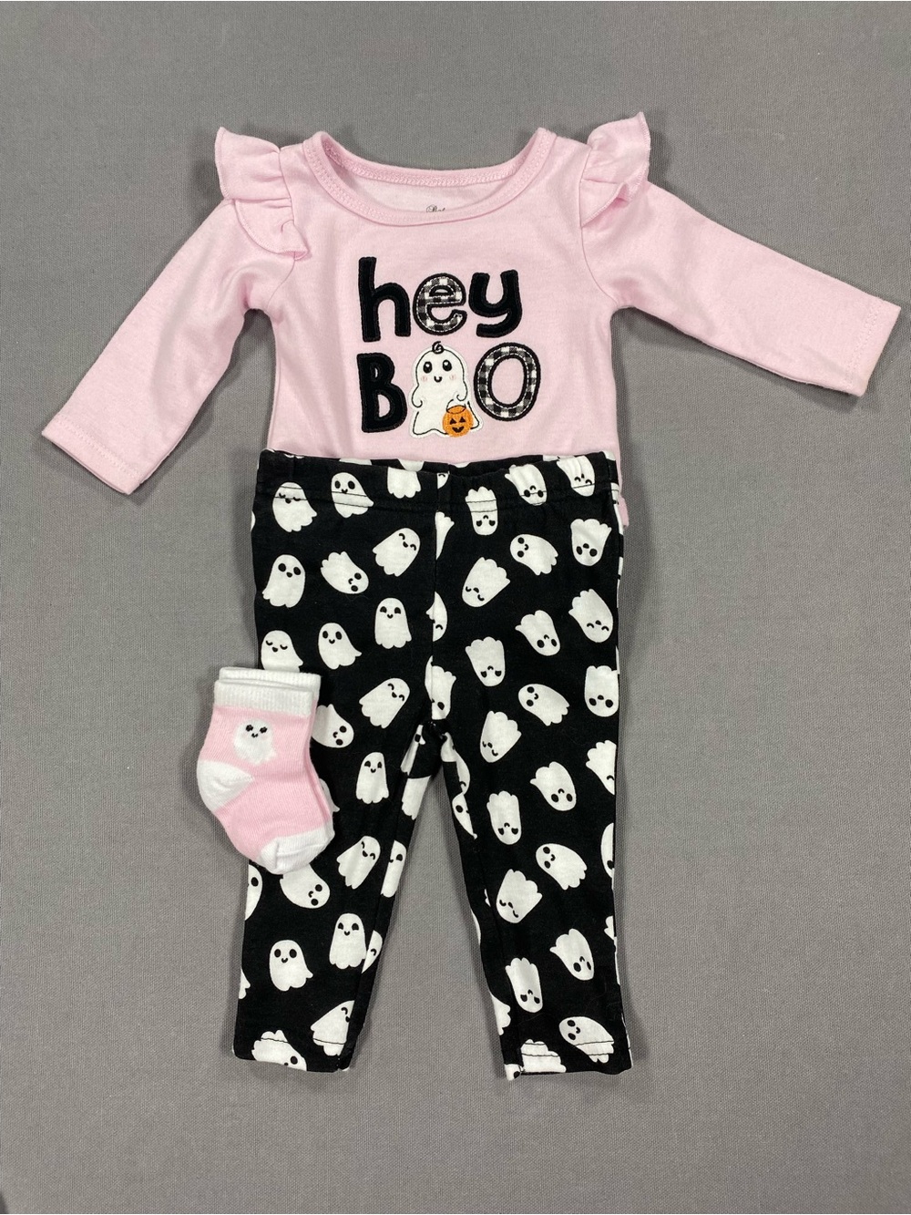 Baby Essentials Pink bodysuit with Black Ghost Print Pants & Matching Socks